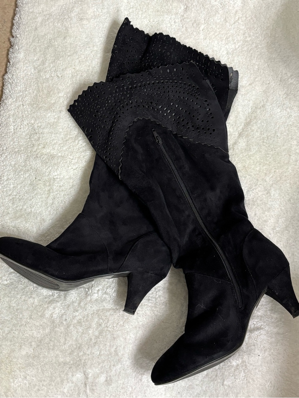 Women’s Black Knee-High Suede Boots with Decorative Cutouts size 11